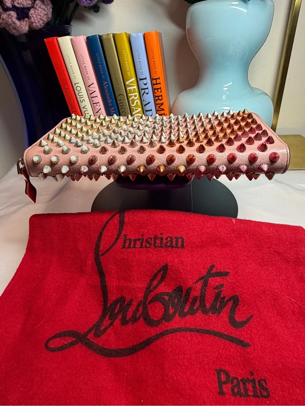 Christian Louboutin pink Panettone Spiked Leather wallet with COA